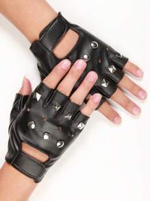 男士朋克摇滚无指手套带铆钉，舞台表演骑行手套万圣节 - 黑色 - 查看 2