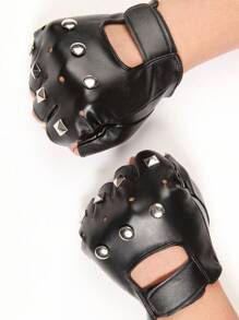男士朋克摇滚无指手套带铆钉，舞台表演骑行手套万圣节 - 黑色 - 查看 4