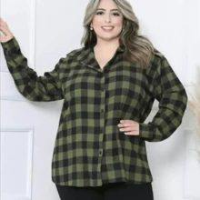 Plaid Shirt Women's Flannel Plaid Blouse Plus Size Long Sleeve Comfortable Model - xanh quân đội - Xem 1