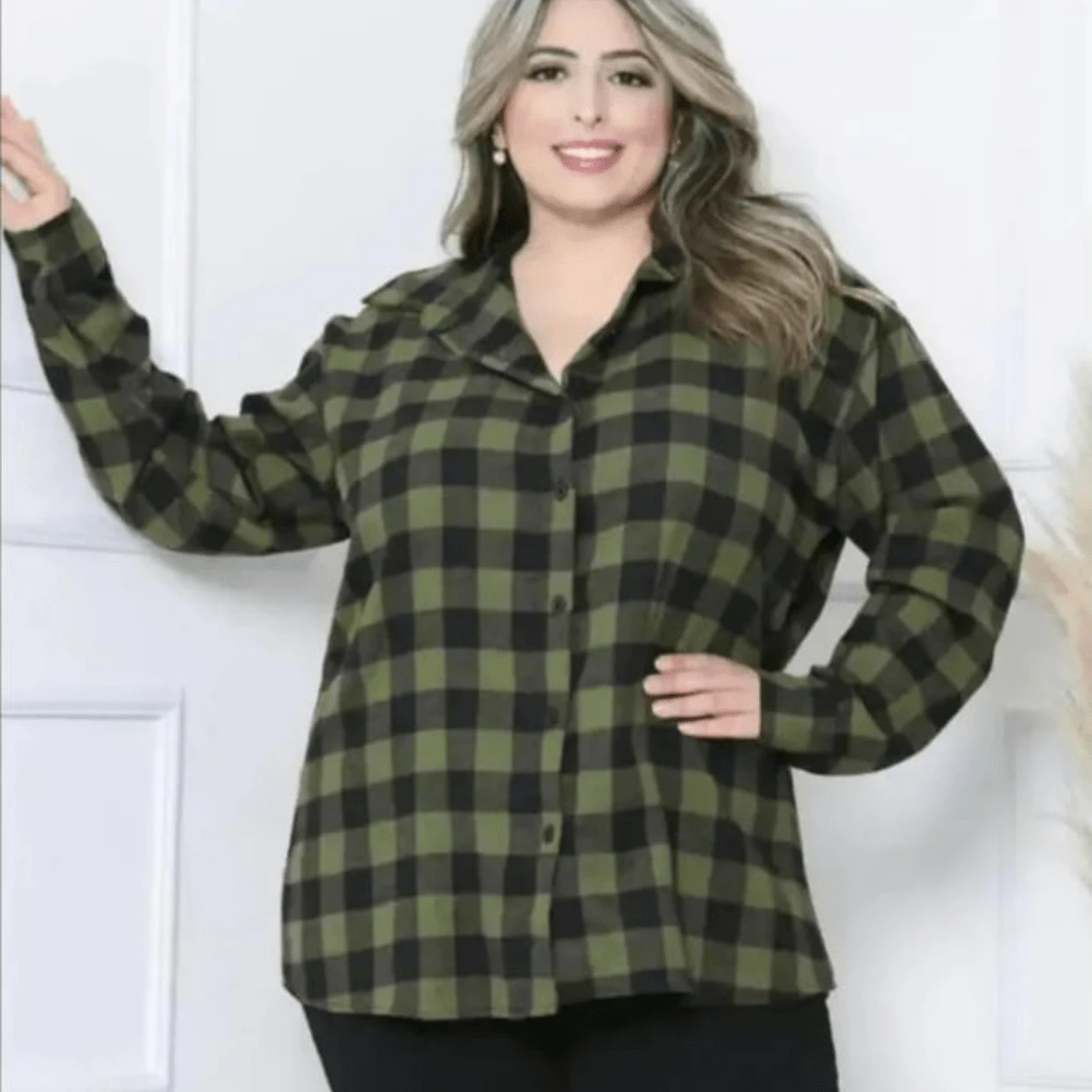 Plaid Shirt Women's Flannel Plaid Blouse Plus Size Long Sleeve Comfortable Model - xanh quân đội - Xem 1