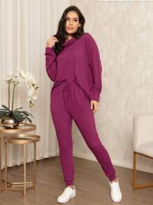 Women's Woolen Turtleneck/Pants And Blouse Set - 玫紅色 - 查看 2