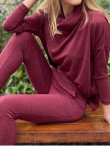 Women's Woolen Turtleneck/Pants And Blouse Set - 玫紅色 - 查看 4
