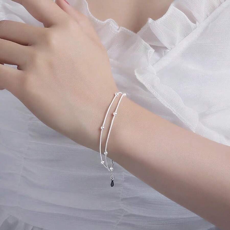 925 Silver Plated Double Layer Beads Bracelet Fashion Jewelry For Women - Silver - View 1