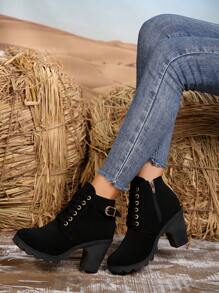 New Women's Short Korean Style High-Heeled And Chunky Heeled Booties, Lace-Up Ankle Boots,  Boots, Shoes - Black - View 8
