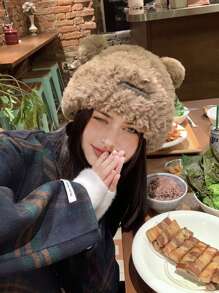 1 件女士冬季针织帽，带毛绒熊耳朵，厚实保暖衬里，适合日常使用、旅行、滑雪、郊游 - 彩色 - 查看 10