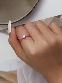 1 Pieza Anillo de plata de ley 925 con corazón rosa, rectángulo azul y circonita, anillo apilable de estilo dulce para mujeres, joyería de fiesta regalo - Anillo Amor Corazón Rosa - Ver 7