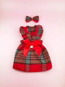 1set Pet Dress With Ruffle Hem, Bowknot, Plaid & Stripe Prints + Lovely Fashion Necktie