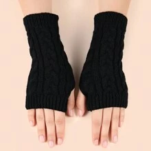 1 Pair Solid Color Cable Knit Fingerless Gloves For Women, Fashion Accessory And Warmth
