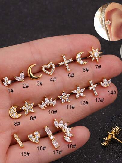 1 Pieza Pendientes de cartílago para mujer, moda chispeante de circonita cúbica con forma de corazón, estrella y corona, pendientes de botón de acero inoxidable con decoración de luna CZ para perforación de hélix, trago y daith, joyería de San Valentín