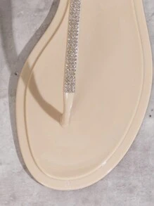 Sandalias planas elegantes con remaches y moño para mujer, chanclas cómodas de dedo abierto para playa y vacaciones al aire libre con rhinestones, flipflops de moda - Albaricoque - Ver 6