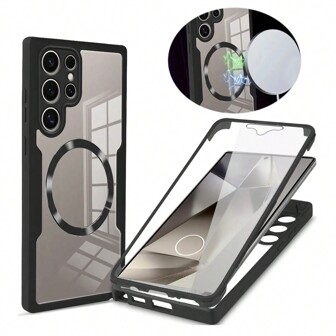 1 pièce Étui de protection magnétique à 360° en acrylique transparent de luxe noir avec protecteur d'écran intégré, matériau hypoallergénique et design antidérapant, compatible avec Samsung Galaxy S25 Ultra/S25 Plus/S25, compatible avec 17 Pro/17 Pro Max/17 Air/17, Redmi, OPPO