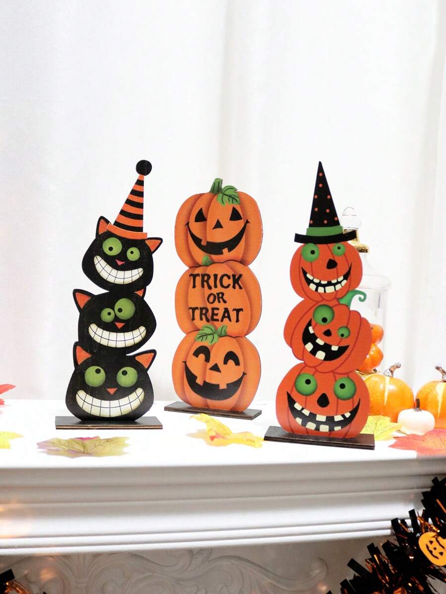 1 件 - 木制装饰品，创意黑猫邪恶南瓜图案垂直装饰品，万圣节派对家居装饰品 - 彩色 - 查看 1