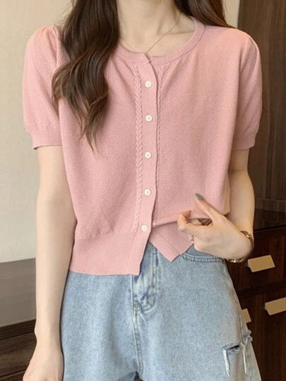 Áo cardigan ngắn tay màu trơn thường ngày cho nữ, Xuân/Hè