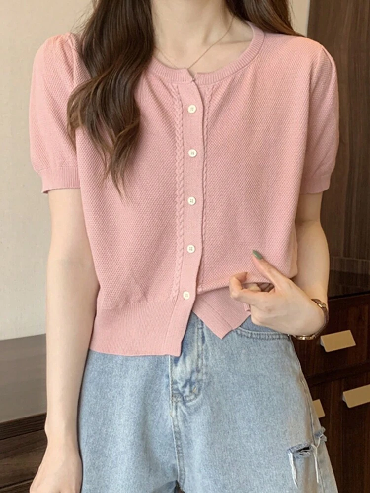 女性用カジュアル 無地 半袖カーディガン、春夏ピンク | SHEIN JAPAN