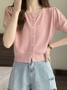 女士休闲纯色短袖开衫，春夏粉色 - 粉色 - 查看 3