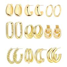 Conjunto de 9 pares de brincos de argola dourada para mulheres, meninas, brincos de argola torcidos dourados, banhados a ouro 18K para mulheres, meninas, presente leve com caixa