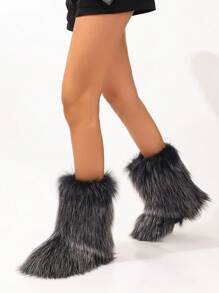 Botas de nieve de mujer con textura afelpada, con estilo y moda, engrosadas y cálidas, con plumón y plush largo hasta el tobillo - Multicolor - Ver 6