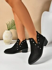 Botines negros de punta afilada y diseño de tachas minimalistas y estilo occidental de moda para mujer - Negro - Ver 4