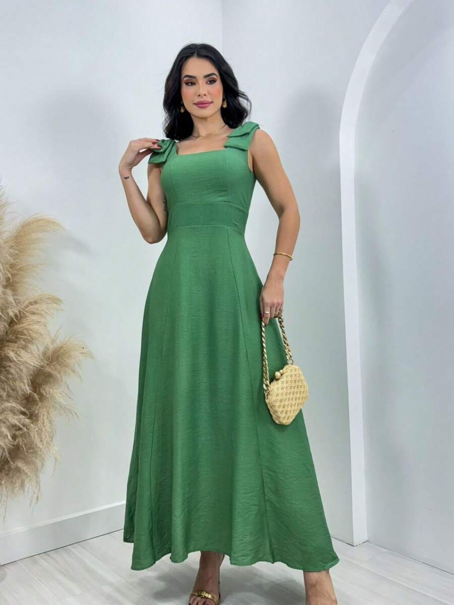 Women's Midi Dress With Bow On Straps In Viscolinho, Bulge And Lining, Elegant Party, Luxury, Social - Màu xanh Bạc hà - Xem 1