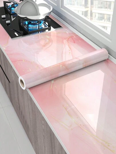1pc Pink Marble Pattern Self-Adhesive Kitchen Anti-Oil Sticker, High Temperature Resistant Kitchen Wall Cabinet Countertop Tile Renovation WallpaperWaterproof Wall Paper,For Living Room Decor,Dorm Decor, Back To School Supplies,Halloween Decor,Stickers,Wall Decal, Vinyl Decal For Home Decorations,Spring Decoration Items Refresh Your Home,Rama Decoration Stickers Gifts Birthday Graduation