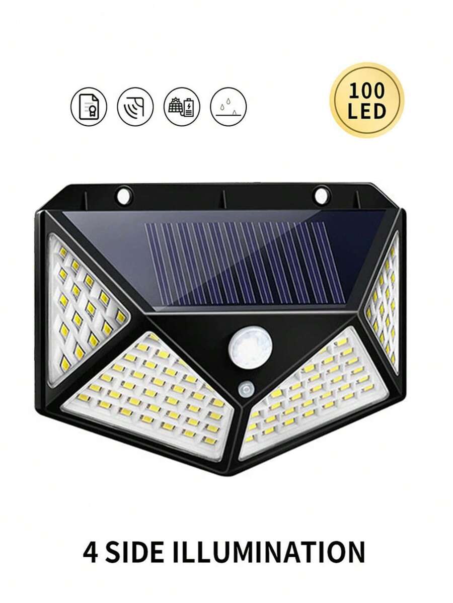 1 pieza Iluminación exterior con sensor de movimiento alimentado por energía solar con 100 bombillas LED y batería integrada de 1200mAh 18650. Adecuado para iluminar pasillos, decorar jardines, montar en paredes o vallas, iluminar jardines y entradas de vehículos. Portátil para uso de viaje, brindando seguridad e iluminación para el hogar y para barbacoas de camping. - Negro - Ver 1