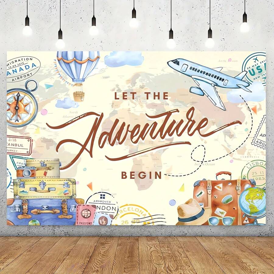1 pieza Fondo fotográfico con temática de viaje, mundo de la aventura con avión, globo aerostático, para sesión de fotos de graduación/cumpleaños, Navidad - Multicolor. - Ver 1