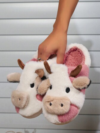 Fall/Winter Cute Cow Plush Novelty Slippers, Comfortable & Warm Closed Toe House Shoes, Cozy Bedroom Footwear,Christmas Outfits,Funny Slippers