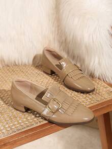 New Women's British Style Comfortable Mid-Heel Chunky Heel Shoes - Khaki - View 6