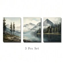 Set Of 3 Retro Abstract Landscape Neutral Watercolor Mountains Lake Art Canvas Poster Print,Modern Nature Wall Art,Perfect Gift For Home,Living Room,Bedroom Decor,No Frame - Apricot - View 7
