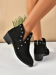 Botines negros de punta afilada y diseño de tachas minimalistas y estilo occidental de moda para mujer - Negro - Ver 3