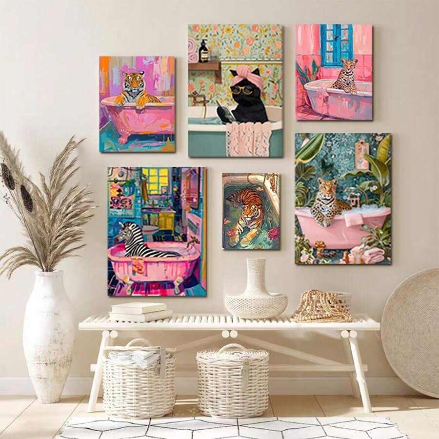 6 件套 Y2K 复古彩色动物沐浴艺术帆布海报印刷品，是学院风卧室或大学公寓墙壁艺术装饰的完美时尚礼物，无框架 - 杏色 - 查看 1