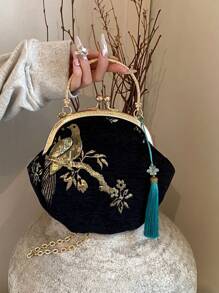 Summer Random Pattern Hanfu Style Crossbody Bag, New Clip Mouth Handbag For Women - Black - View 1