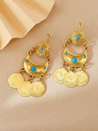 1pair Vintage Coin Gold Earrings Crescent Moon Pendant Tassel Perfect For Women's Banquets