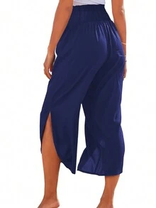 女士休闲海滩度假松紧腰不对称下摆开叉纯色舒适阔腿七分裤，夏季