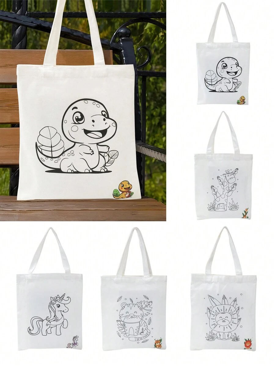 1 件卡通独角兽/长颈鹿/可爱小恐龙/狮子/老虎 DIY 涂鸦帆布包，大容量卡通印花手提包，时尚休闲手提包，非常适合杂货店购物、日常使用、艺术派对礼品袋、生日派对礼品包装袋和储物用品 - 彩色 - 查看 1