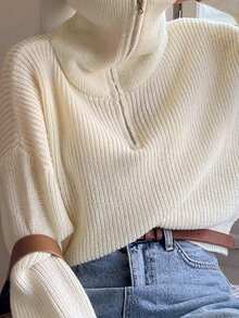 純色半拉鍊鬆緊針織毛衣