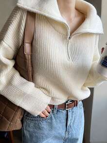 純色半拉鍊鬆緊針織毛衣