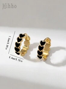 Hihho 1pair Fashionable Simple Black Oil-Drop Heart Design Hoop Earrings, Personalized Jewelry Gift For Girls Party