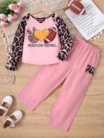 2入組女童豹紋袖上衣和可愛圖案字母印花上衣配豹紋口袋長褲套裝
