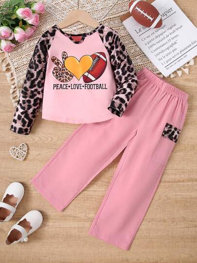 2入組女童豹紋袖上衣和可愛圖案字母印花上衣配豹紋口袋長褲套裝