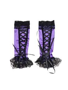 1 对时尚性感系带袖套，闪光蕾丝拼接露指手套，优雅缎面袖口，适合女士日常穿着、活动、派对、角色扮演 - 彩色 - 查看 6