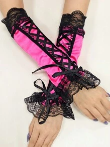 1 对时尚性感系带袖套，闪光蕾丝拼接露指手套，优雅缎面袖口，适合女士日常穿着、活动、派对、角色扮演 - 彩色 - 查看 3