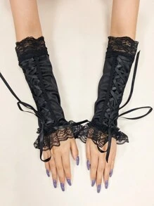 1 对时尚性感系带袖套，闪光蕾丝拼接露指手套，优雅缎面袖口，适合女士日常穿着、活动、派对、角色扮演 - 彩色 - 查看 5