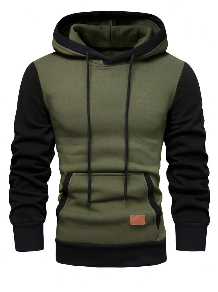 Men's Color Block Faux Leather Hoodie, Autumn/Winter, Long Sleeve Top - Army Green - View 3