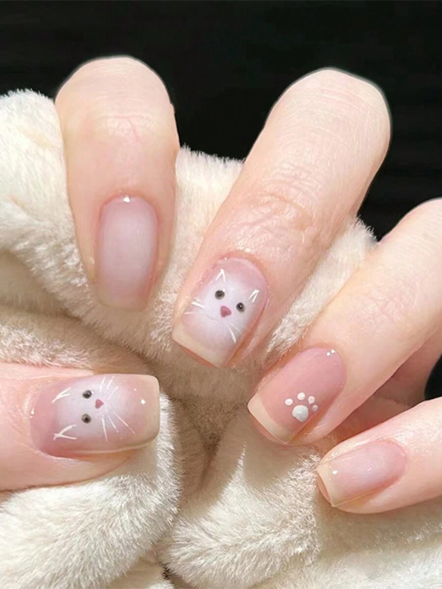 24 piezas para mujeres y niñas para uso diario y fiestas, diseño de uñas de garra de gato cuadrado de dibujos animados, con piezas con presión, incluye 1 gel y 1 lima de uñas, apto para uso diario y fiestas de mujeres y niñas