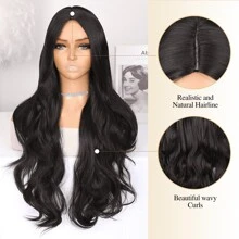 28英寸中分长款波浪黑色假发，耐热合成纤维，外观自然，适合日常佩戴和派对场合