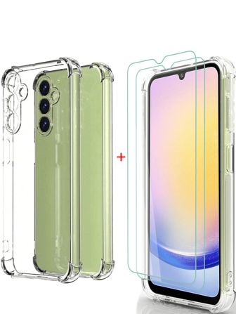 3-In-1 Protective Set: 2pcs High-Definition Anti-Scratch Anti-Fingerprint Smooth Tempered Glass Screen Protectors + 1pc Four-Corner Thickened Anti-Drop High-Transparent Anti-Yellowing Minimalist Design Phone Protective Case, Compatible With Samsung