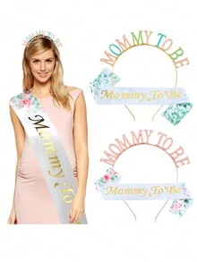 1set 'Mommy To Be' Crown Print Sash Accessories For Baby Shower Party - Multicolor - View 1