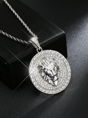 1 件欧美流行时尚魅力狮子形吊坠项链男士，个性化不锈钢长链项链，镶嵌闪亮锆石，生日/家庭节日礼物，批发，适合日常佩戴