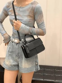 复古纹理黑色拼布女士斜挎包，时尚百搭 PU 皮革翻盖单肩包，简约日常通勤购物邮差包，复古户外度假旅行挎包钱包，宴会新款手机零钱包 - 黑色 - 查看 1